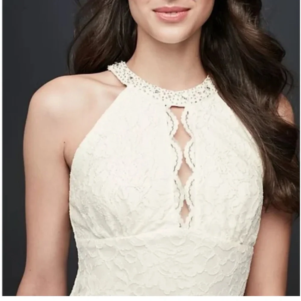 NWT David's Bridal White Lace Embellished Keyhole Sheath Halter Dress wedding - Picture 5 of 11
